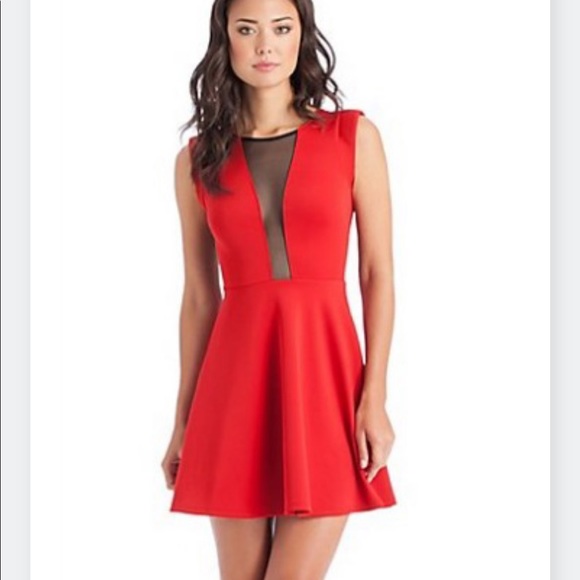 bebe Dresses & Skirts - Bebe Red Skater Dress with Black Mesh